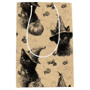 Rustic Vintage Black Cat Witch Halloween Pattern Medium Gift Bag