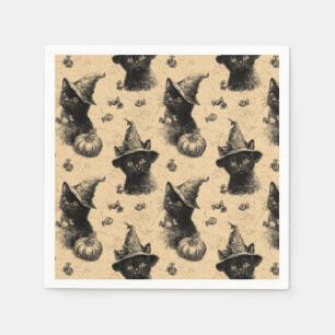 Rustic Vintage Black Cat Witch Halloween Pattern Napkin
