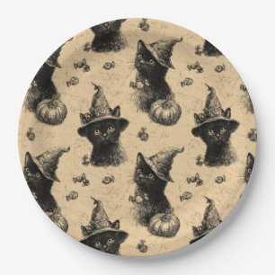 Rustic Vintage Black Cat Witch Halloween Pattern Paper Plate