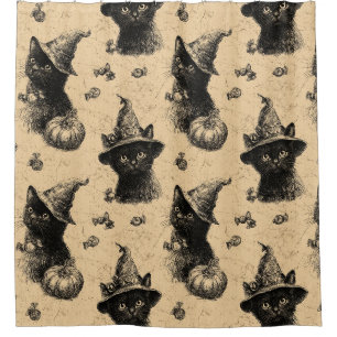 Rustic Vintage Black Cat Witch Halloween Pattern Shower Curtain