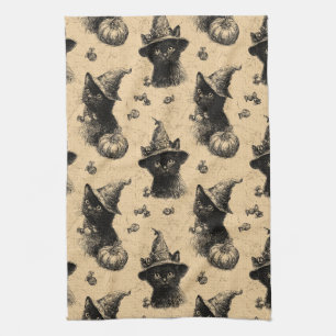 Rustic Vintage Black Cat Witch Halloween Pattern Tea Towel