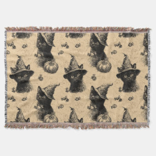 Rustic Vintage Black Cat Witch Halloween Pattern Throw Blanket
