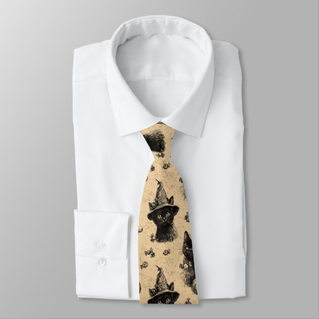 Rustic Vintage Black Cat Witch Halloween Pattern Tie (Tied)