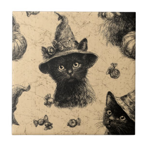 Rustic Vintage Black Cat Witch Halloween Pattern Tile