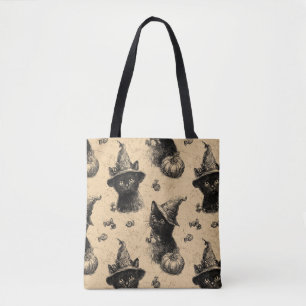 Rustic Vintage Black Cat Witch Halloween Pattern Tote Bag
