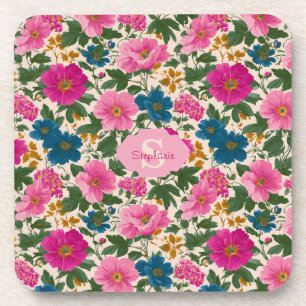 Rustic Vintage Blue and Pink Floral Pattern Coaster