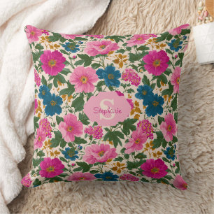 Rustic Vintage Blue and Pink Floral Pattern Cushion