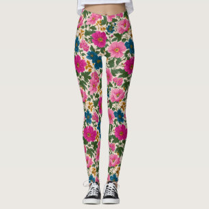 Rustic Vintage Blue and Pink Floral Pattern Leggings