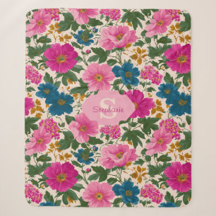 Rustic Vintage Blue and Pink Floral Pattern Sherpa Blanket