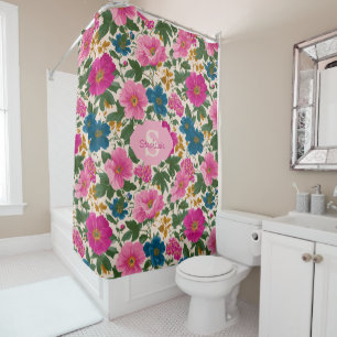 Rustic Vintage Blue and Pink Floral Pattern Shower Curtain