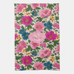 Rustic Vintage Blue and Pink Floral Pattern Tea Towel