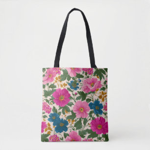 Rustic Vintage Blue and Pink Floral Pattern Tote Bag