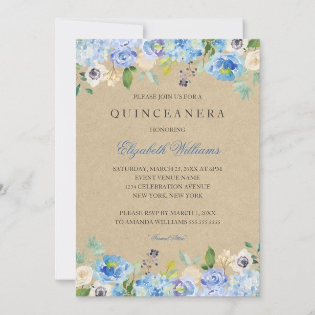 Rustic Vintage Blue Floral Quinceanera Invitation (Front)