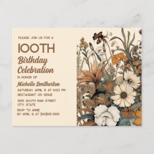 Rustic Vintage Brown Cream Floral 100th Birthday Invitation Postcard