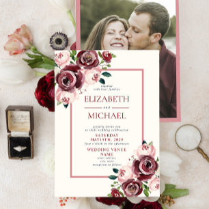 Rustic Vintage Burgundy Blush Floral Photo Wedding Invitation