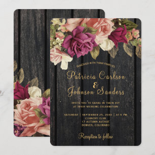 Rustic vintage burgundy floral barn wood wedding invitation