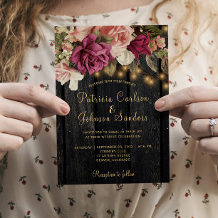 Rustic vintage burgundy floral barn wood wedding invitation