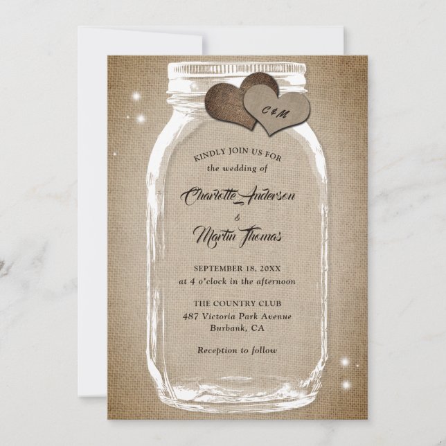 Rustic Vintage Burlap Hearts Mason Jar Wedding Invitation (Front)