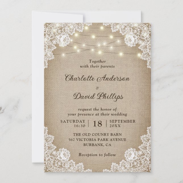 Rustic Vintage Burlap Lace String Lights Wedding Invitation (Front)