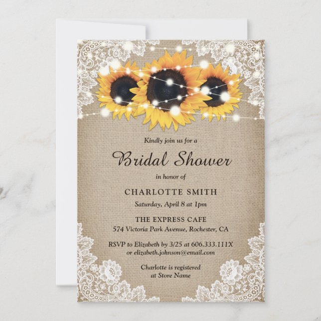 Rustic Vintage Burlap Lace Sunflower Bridal Shower Invitation (Front)