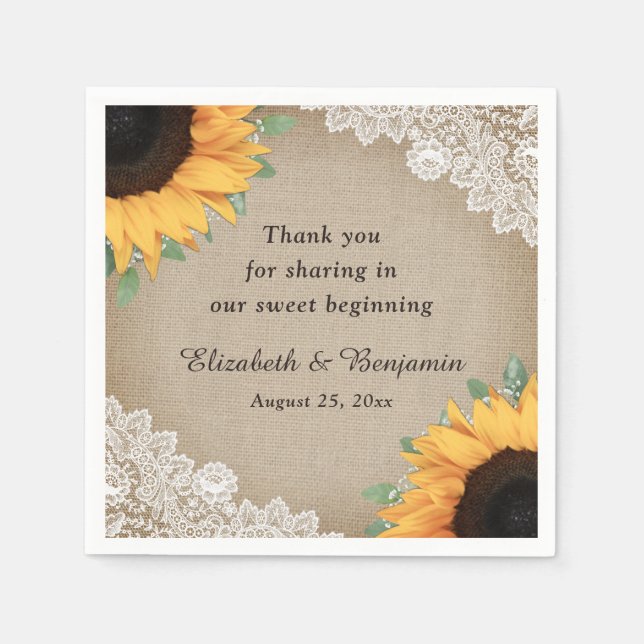 Rustic Vintage Burlap Lace Sunflower Wedding Napkin (Front)