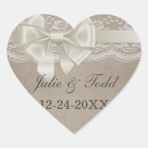 Rustic Vintage Burlap & Lace Wedding Save The Date Heart Sticker