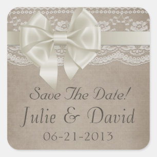 Rustic Vintage Burlap & Lace Wedding Save The Date Square Sticker