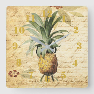 Rustic Vintage Calligraphy Pineapple Ornate Square Wall Clock