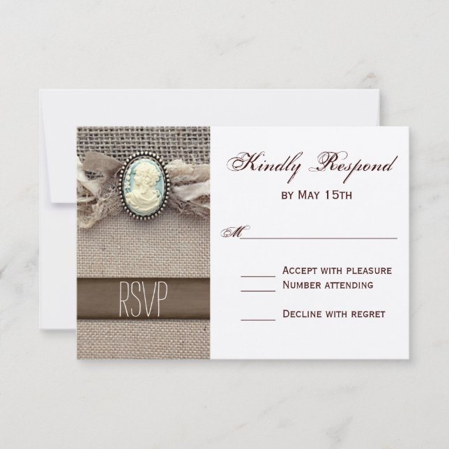 Rustic Vintage Cameo Brooch Burlap Wedding RSVP (Front)