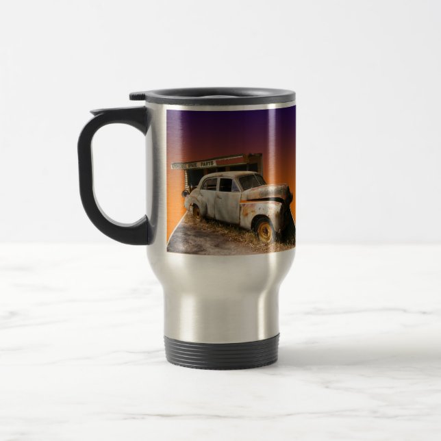 Rustic Vintage Car And Garage, Travel Mug (Left)