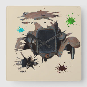 Rustic Vintage Car Grunge Art, Square Wall Clock