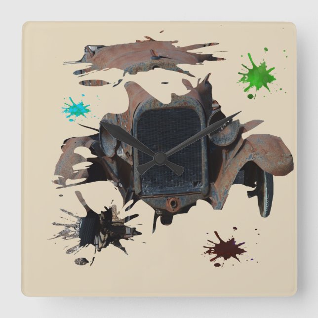 Rustic Vintage Car Grunge Art, Square Wall Clock (Front)