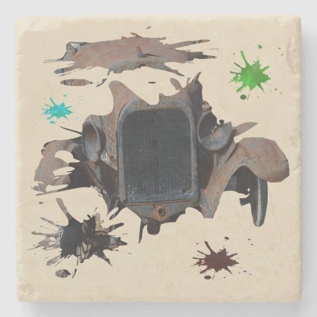 Rustic Vintage Car Grunge Art, Stone Coaster (Front)