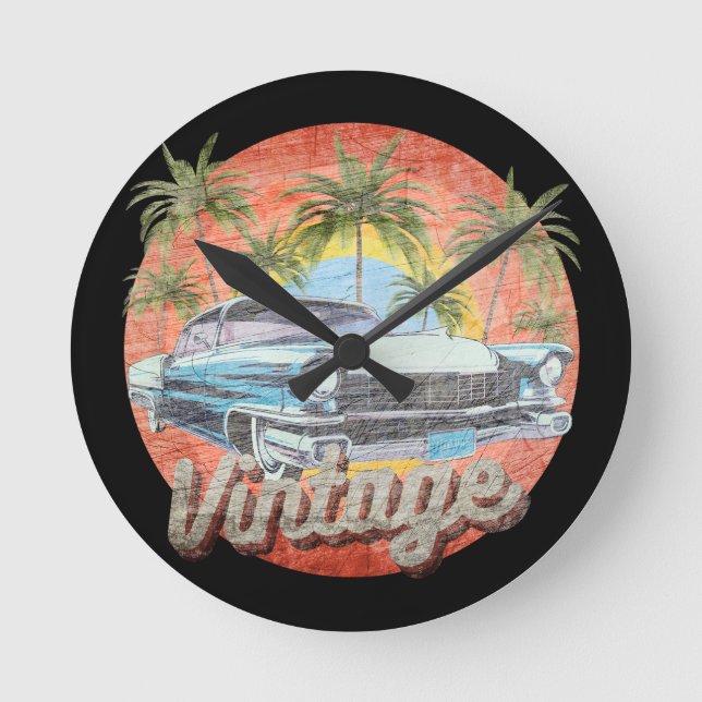 Rustic Vintage Car Summer Vacation Round Clock (Front)