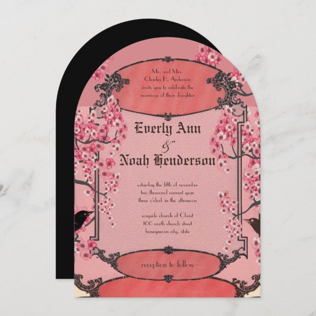 Rustic Vintage Cherry Blossom Art Deco Wedding Invitation (Front/Back)