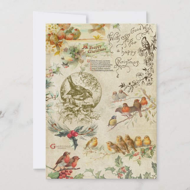 Rustic Vintage Christmas Birds & Holly Ephemera Holiday Card (Front)