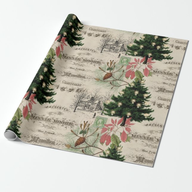 Rustic Vintage Christmas Botanical Ephemera  Wrapping Paper (Unrolled)