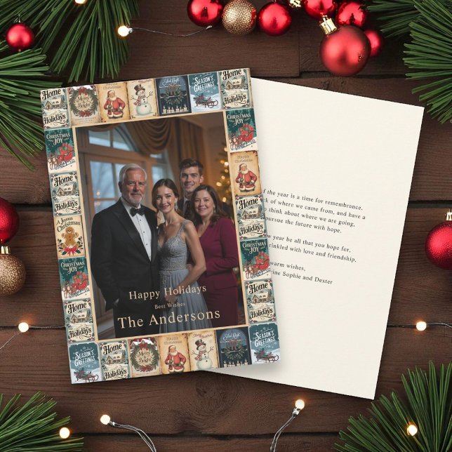 Rustic Vintage Christmas Collage Photo Holiday Invitation (Creator Uploaded)