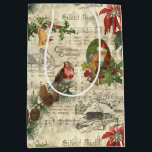 Rustic Vintage Christmas Music Floral Ephemera Medium Gift Bag<br><div class="desc">Warm and nostalgic seamless vintage pattern featuring Santa portrait,  holly,  poinsettia,  bells and robin perched on a pine bough with Silent Night sheet music,  engraved rustic homestead and distressed ecru harlequin diamond pattern on buff parchment background.</div>