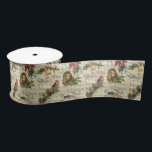 Rustic Vintage Christmas Music Floral Ephemera Satin Ribbon<br><div class="desc">Warm and nostalgic seamless vintage pattern featuring Santa portrait,  holly,  poinsettia,  bells and robin perched on a pine bough with Silent Night sheet music,  engraved rustic homestead and distressed ecru harlequin diamond pattern on buff parchment background.</div>