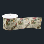 Rustic Vintage Christmas Music Floral Ephemera Satin Ribbon<br><div class="desc">Warm and nostalgic seamless vintage pattern featuring Santa portrait,  holly,  poinsettia,  bells and robin perched on a pine bough with Silent Night sheet music,  engraved rustic homestead and distressed ecru harlequin diamond pattern on buff parchment background.</div>