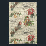 Rustic Vintage Christmas Music Floral Ephemera Tea Towel<br><div class="desc">Warm and nostalgic seamless vintage pattern featuring Santa portrait,  holly,  poinsettia,  bells and robin perched on a pine bough with Silent Night sheet music,  engraved rustic homestead and distressed ecru harlequin diamond pattern on buff parchment background.</div>