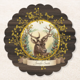 Rustic Vintage Christmas STAG Party Personalised Paper Coaster