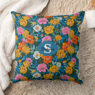 Rustic Vintage Colourful Floral Pattern in Blue (2 Cushion