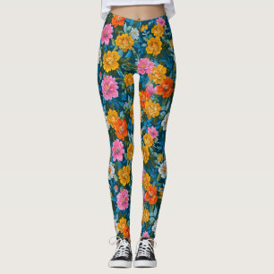 Rustic Vintage Colourful Floral Pattern in Blue (2 Leggings