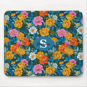 Rustic Vintage Colourful Floral Pattern in Blue (2 Mouse Mat