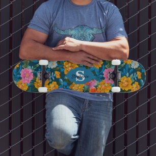 Rustic Vintage Colourful Floral Pattern in Blue (2 Skateboard