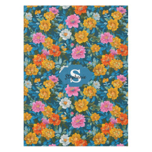 Rustic Vintage Colourful Floral Pattern in Blue (2 Tablecloth