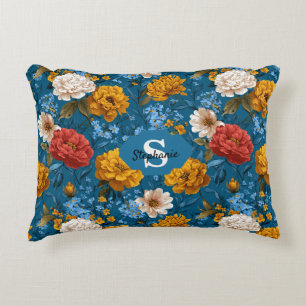 Rustic Vintage Colourful Floral Pattern in Blue Decorative Cushion