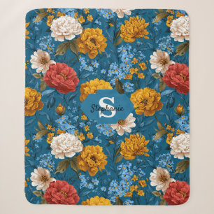Rustic Vintage Colourful Floral Pattern in Blue Sherpa Blanket